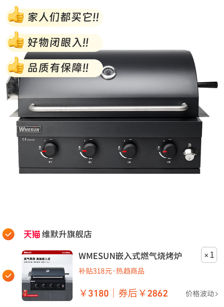 WMESUN嵌入式燃气烧烤炉户外木炭烤架台庭院烤肉架子家庭烧烤黑色