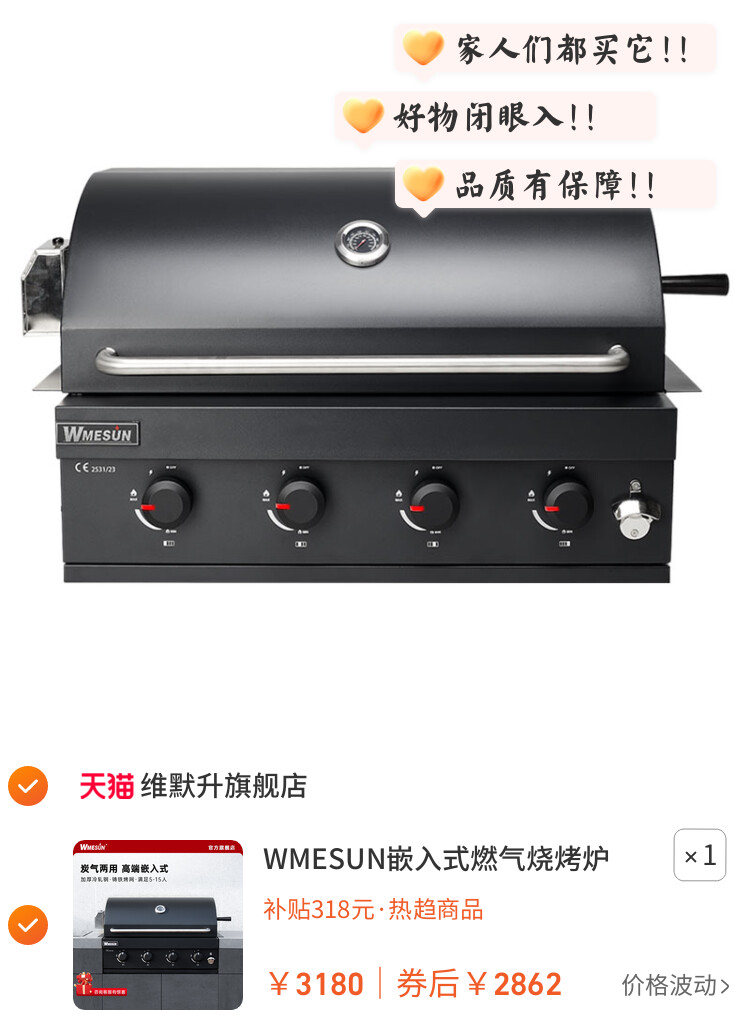 WMESUN嵌入式燃气烧烤炉户外木炭烤架台庭院烤肉架子家庭烧烤黑色