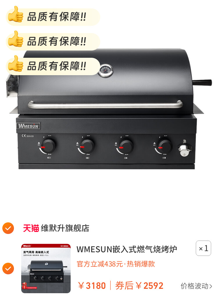 WMESUN嵌入式燃气烧烤炉户外木炭烤架台庭院烤肉架子炭气两用黑色