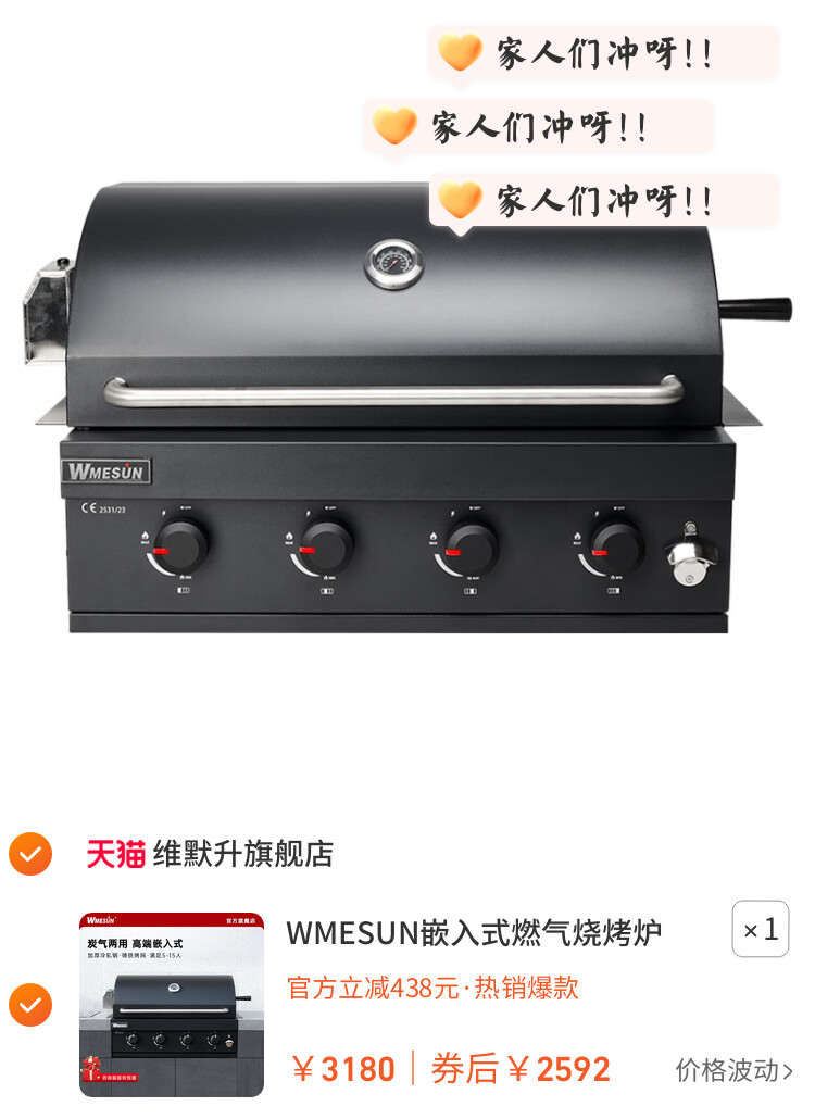WMESUN嵌入式燃气烧烤炉户外木炭烤架台庭院烤肉架子家庭烧烤黑色