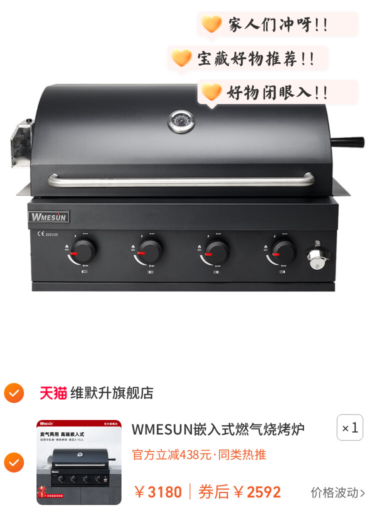 WMESUN嵌入式燃气烧烤炉户外木炭烤架台庭院烤肉架子家庭烧烤黑色