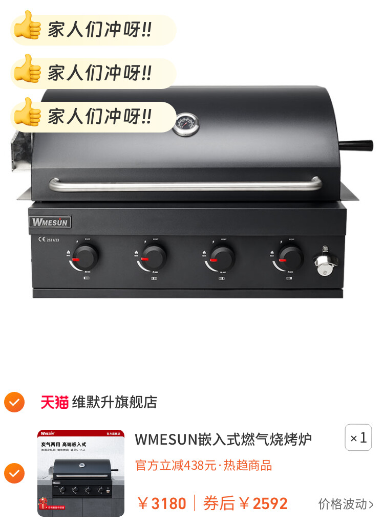 WMESUN嵌入式燃气烧烤炉户外木炭烤架台庭院烤肉架子炭气两用黑色