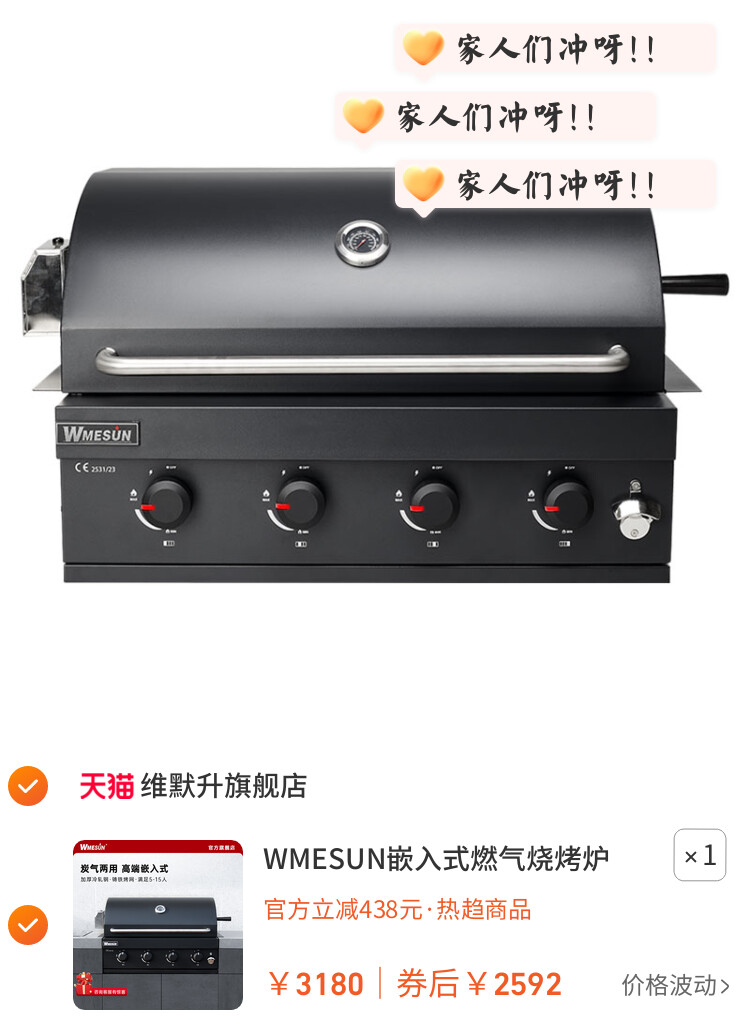WMESUN嵌入式燃气烧烤炉户外木炭烤架台庭院烤肉架子炭气两用黑色